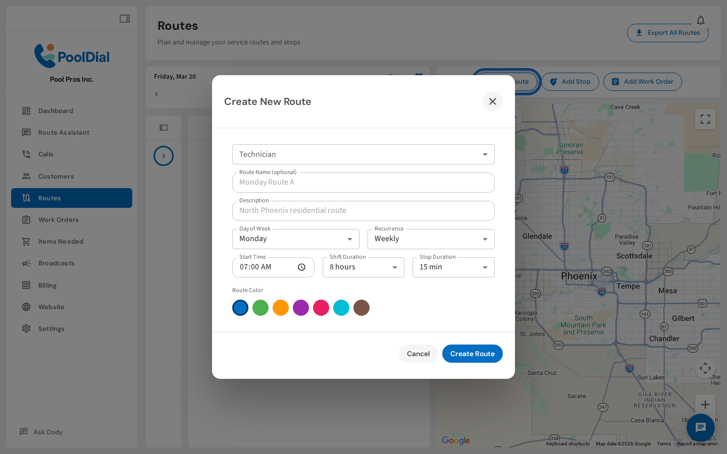 Create New Route form — empty