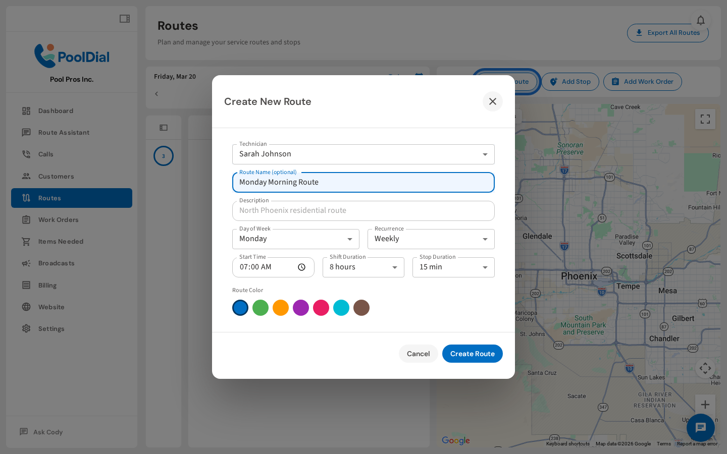 Set technician and route name