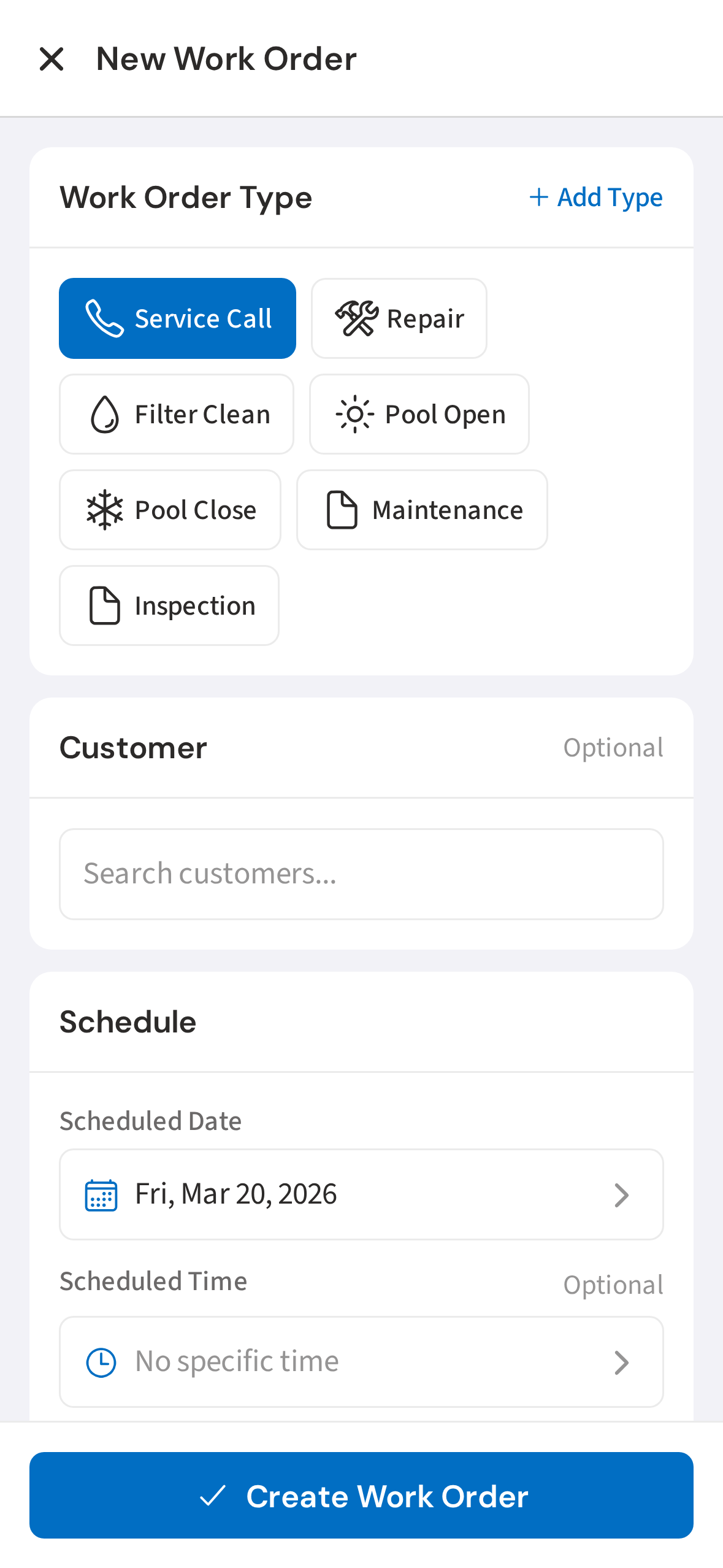 Select the work order type