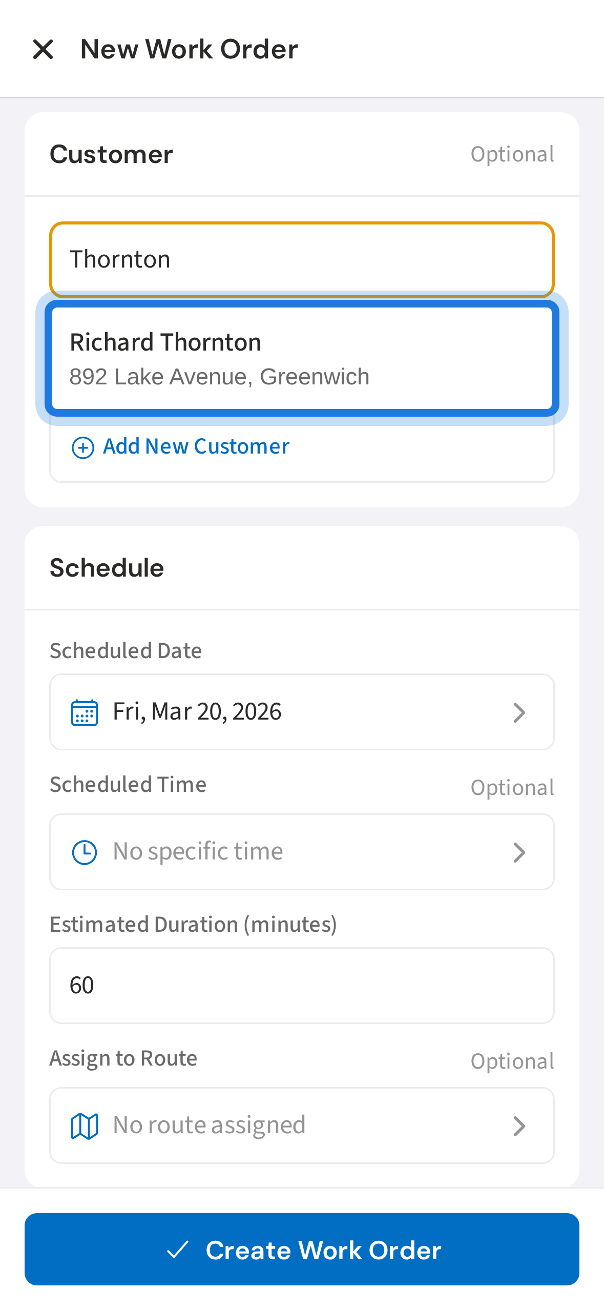 Search for a customer and tap to select
