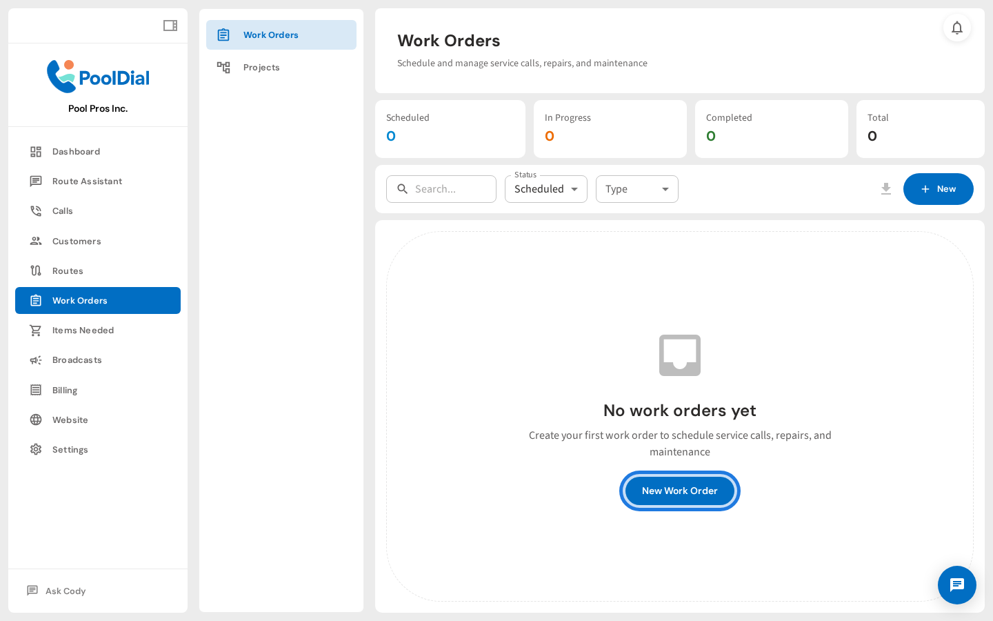 Click + New Work Order