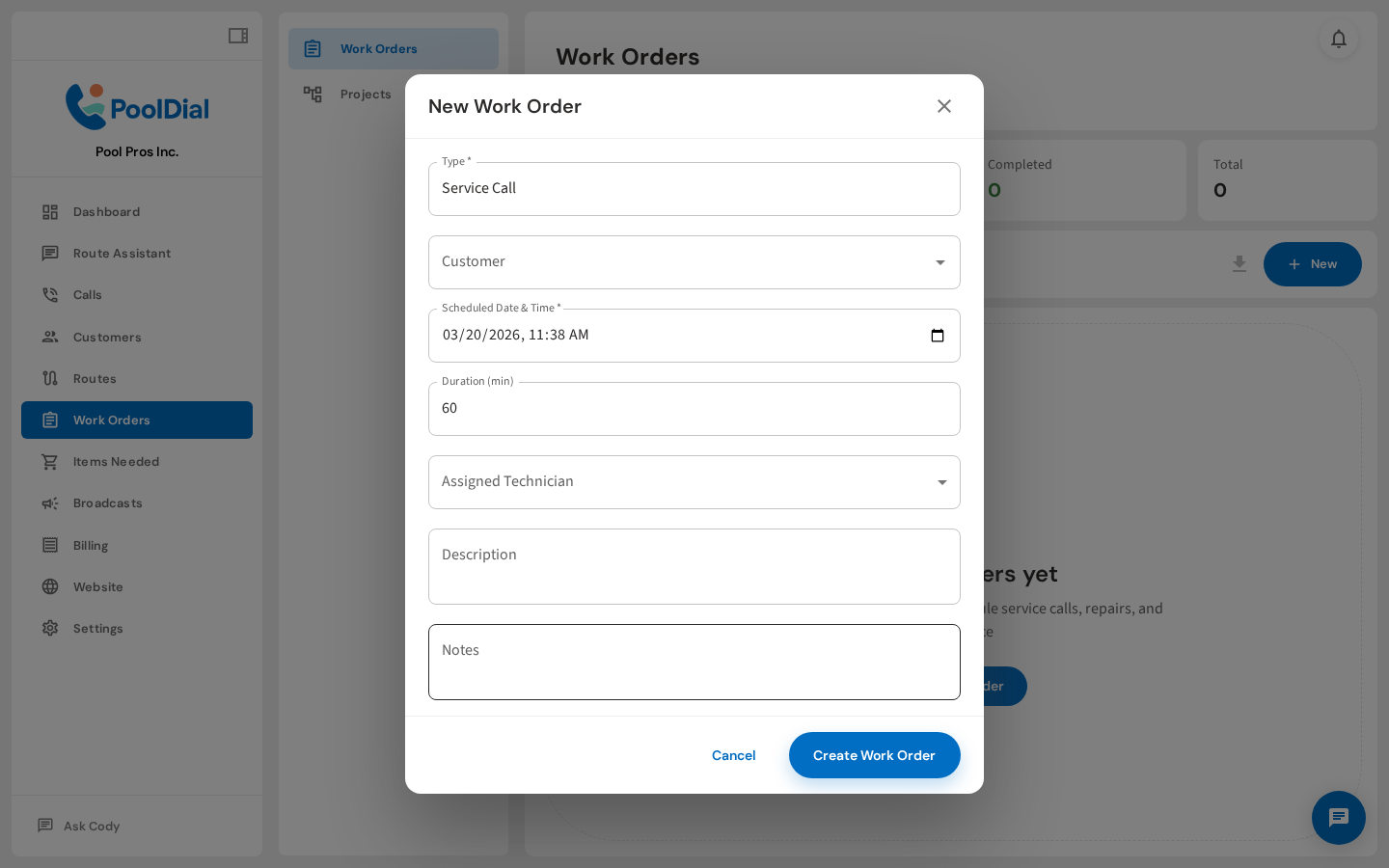 New Work Order dialog — type defaults to Service Call