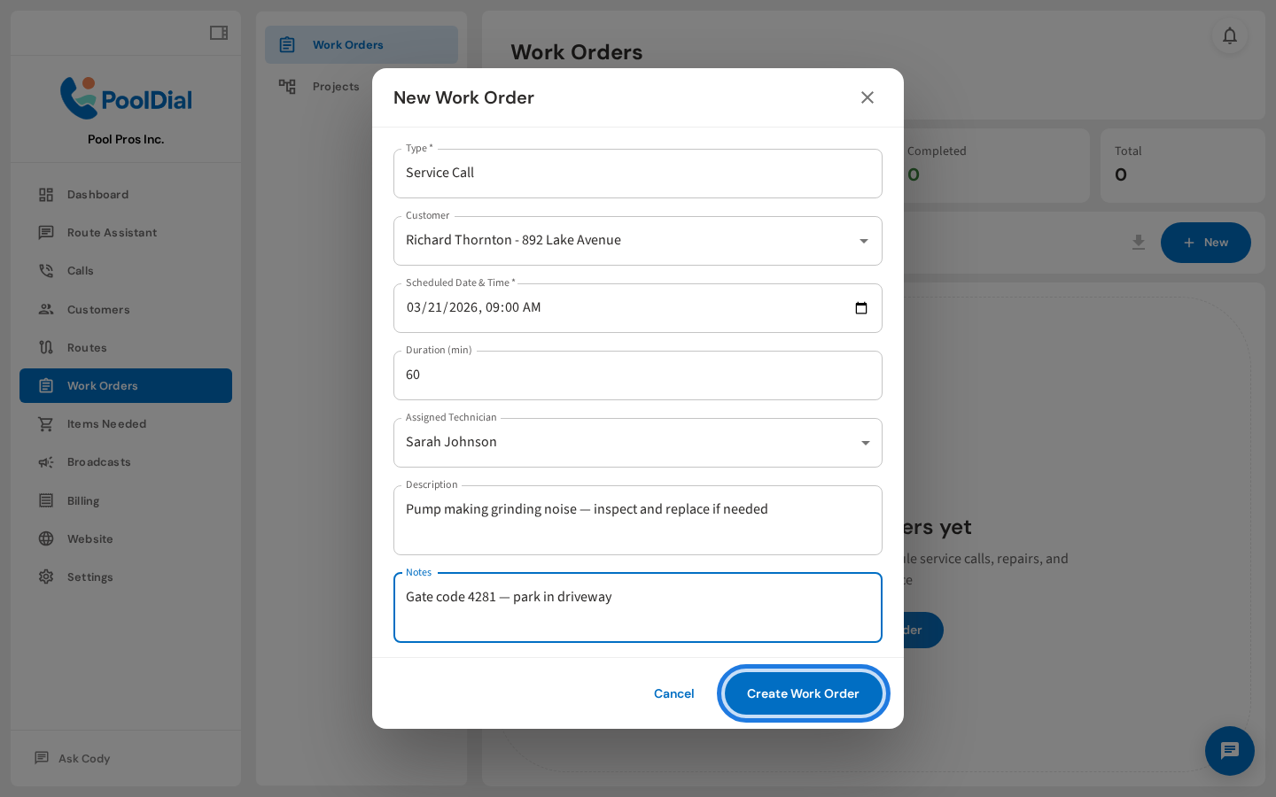 Click Create Work Order to save