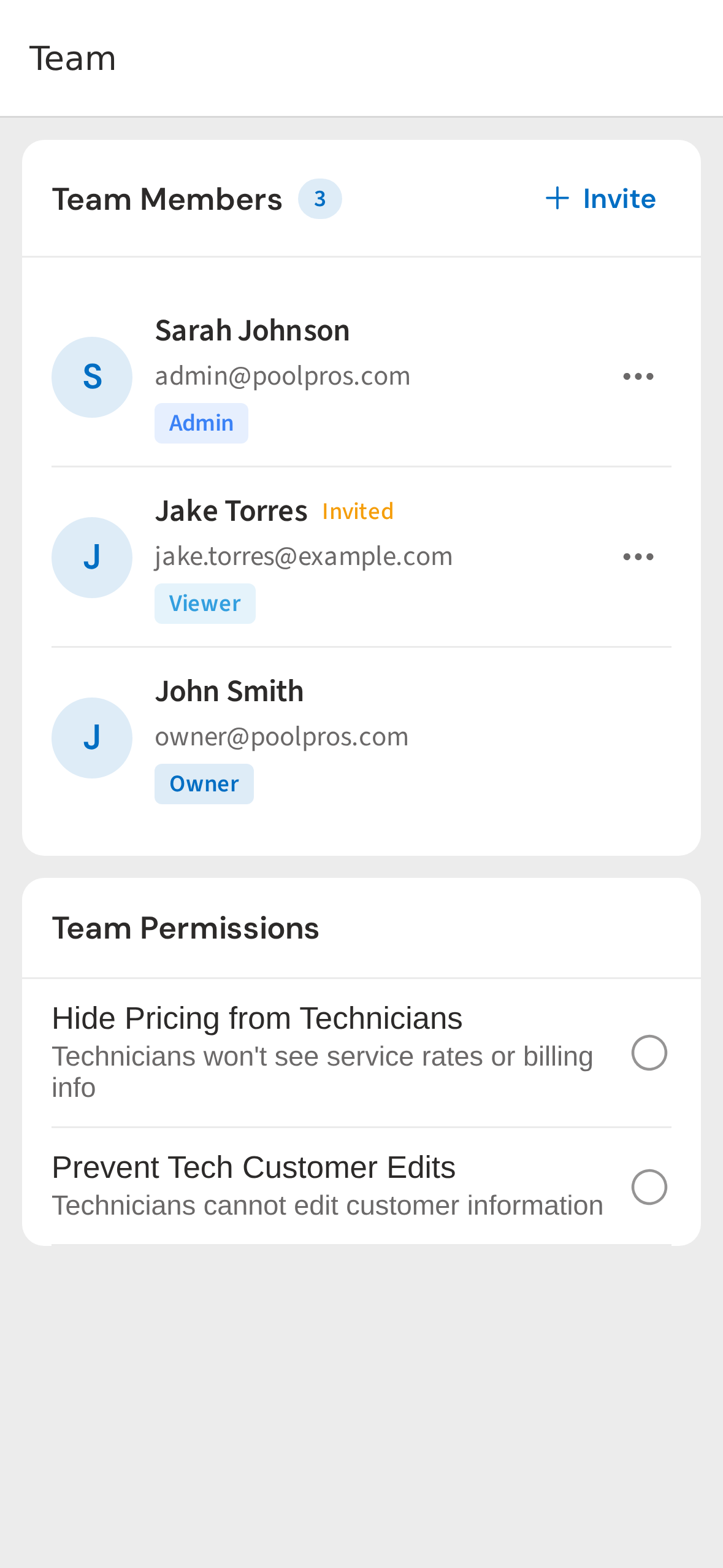 Settings — Team screen