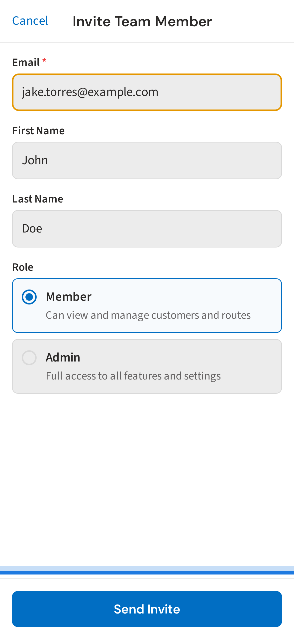 Tap Send Invitation — they receive an email link