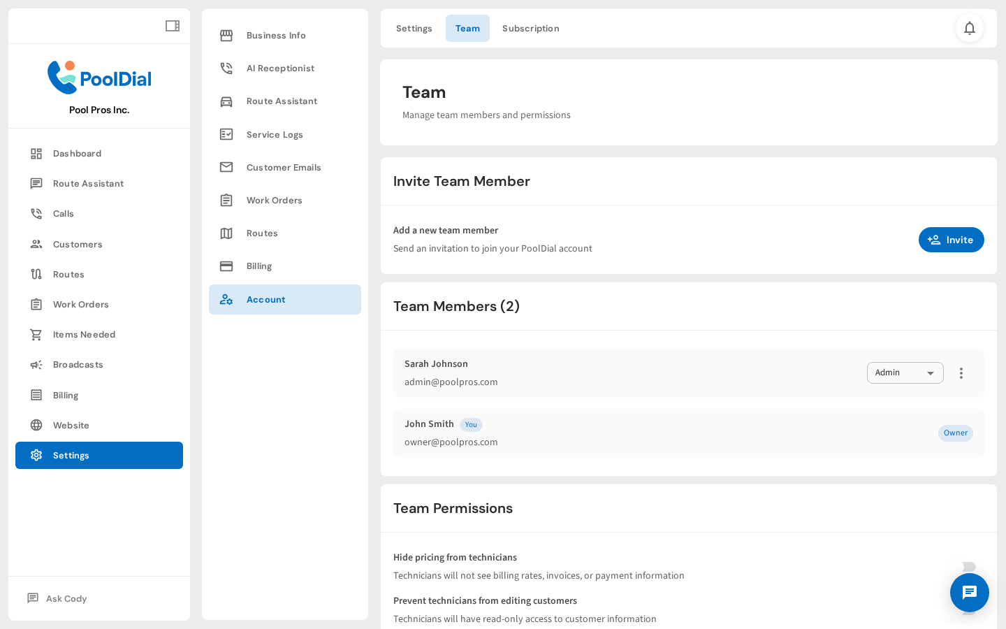 Go to Settings — Team tab