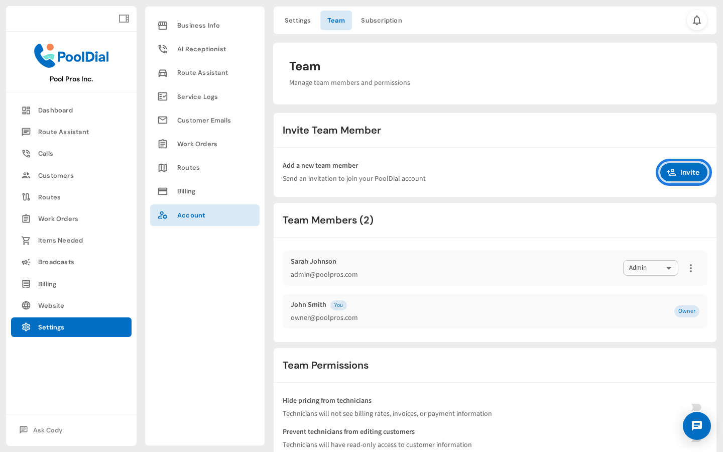 Team page — click Invite to add a team member