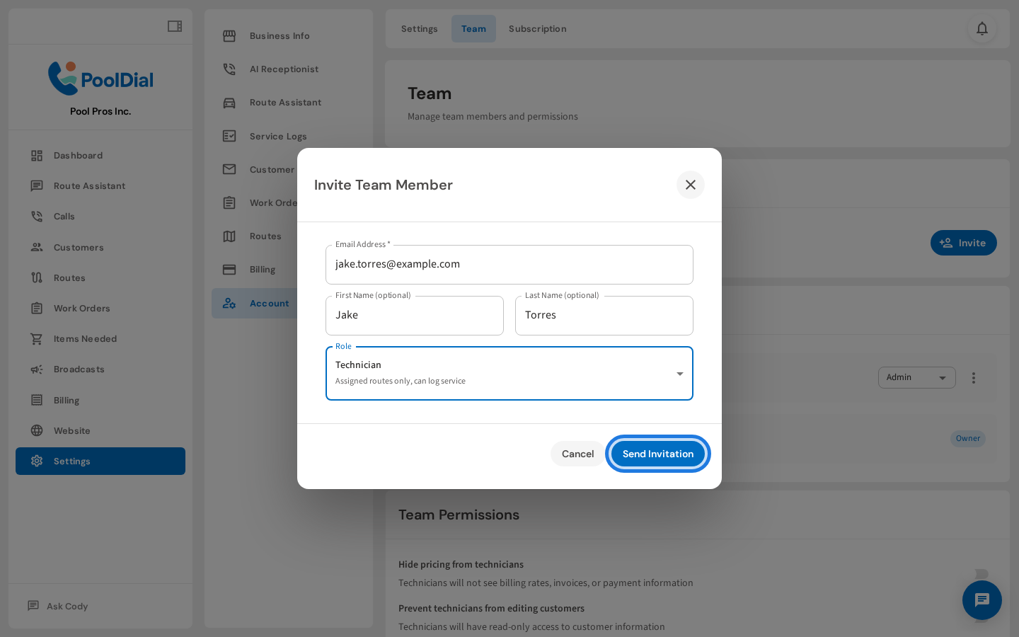 Click Send Invitation to email the invite