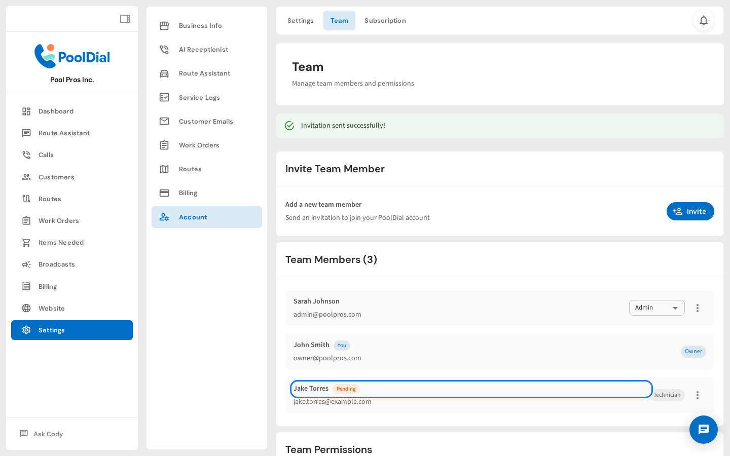 Jake Torres appears with a Pending badge until they accept