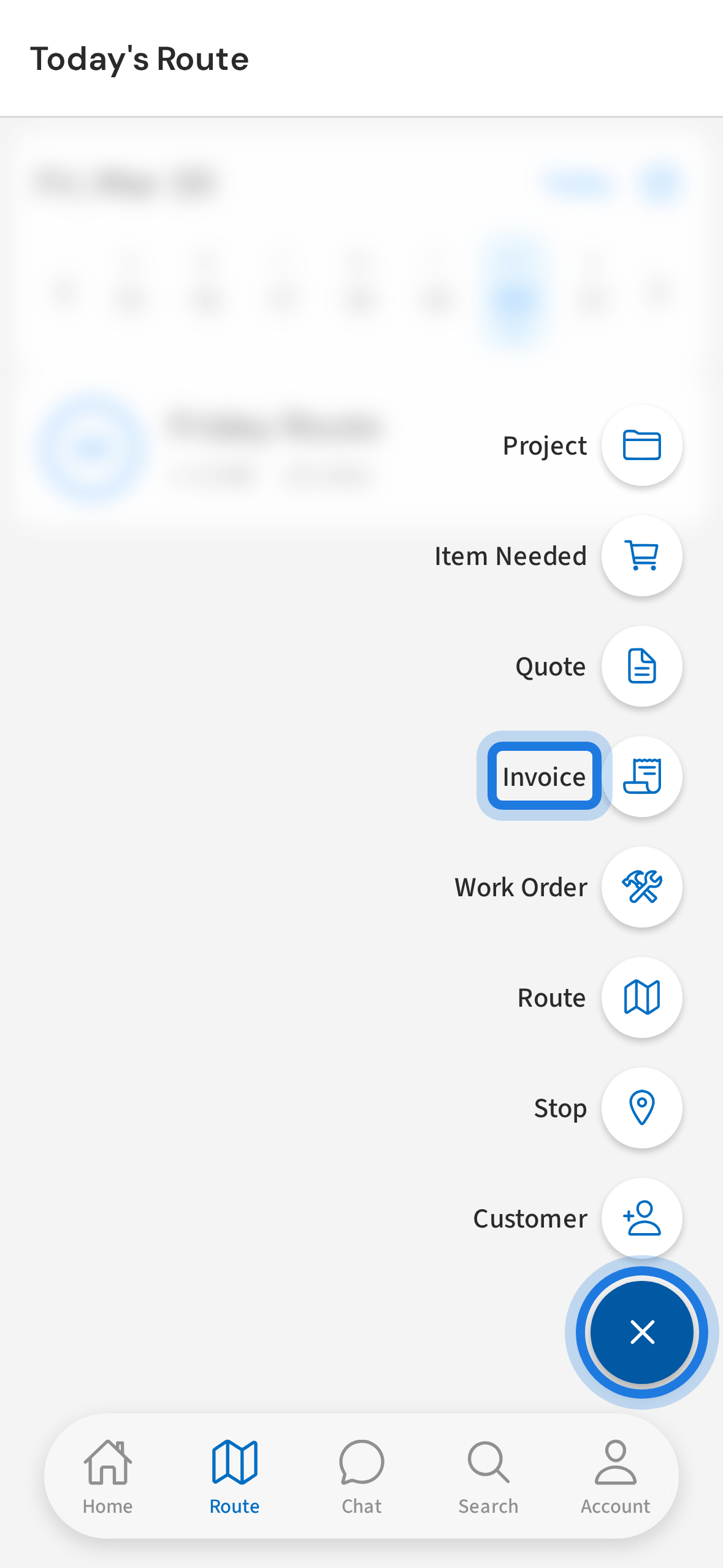 Tap + then Invoice to open the invoice form