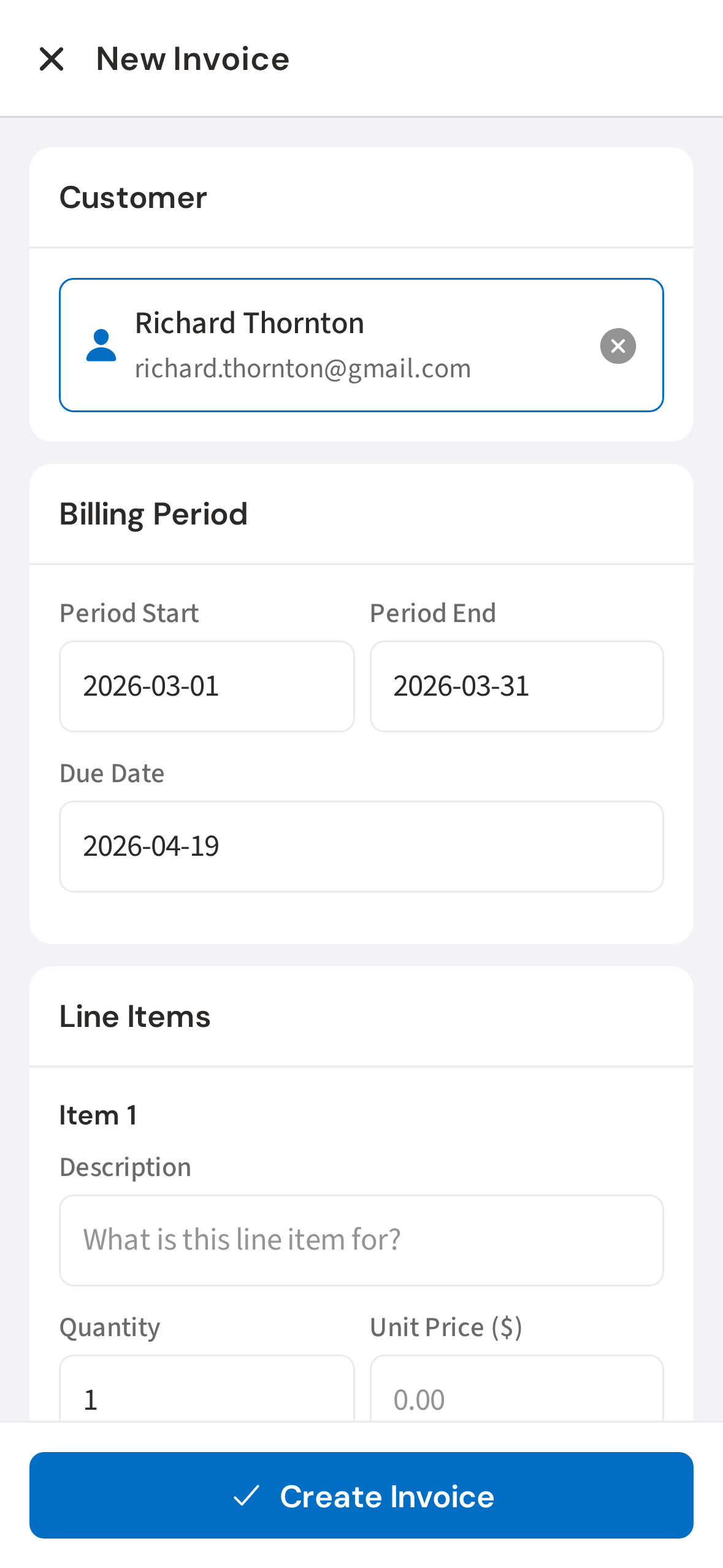 Billing period and due date pre-filled for the current month