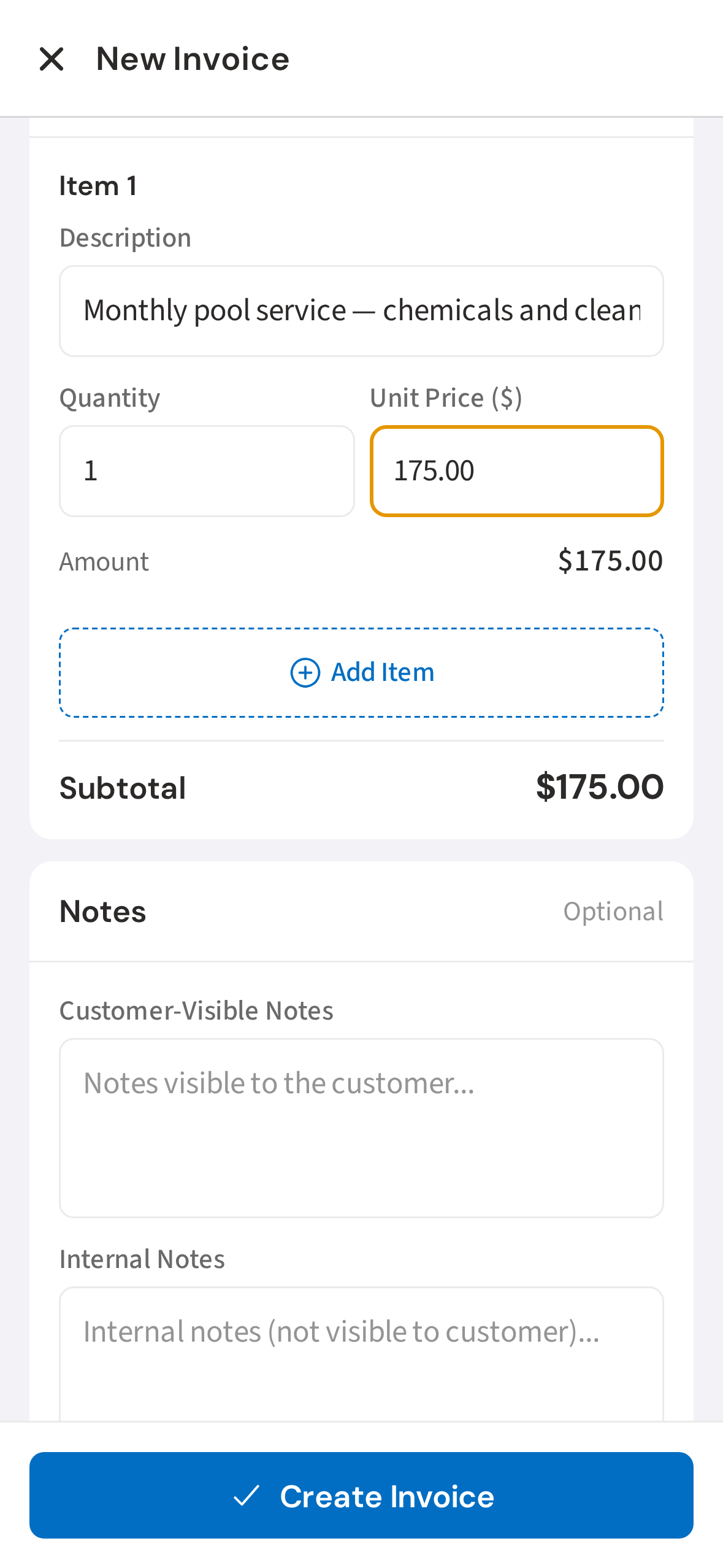 Add a line item with description and price