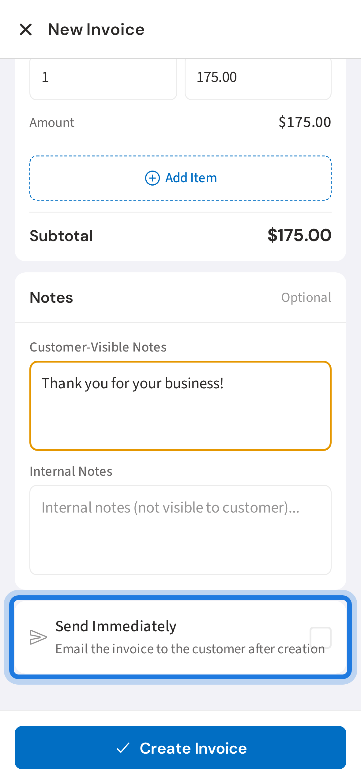 Add notes and toggle Send Immediately