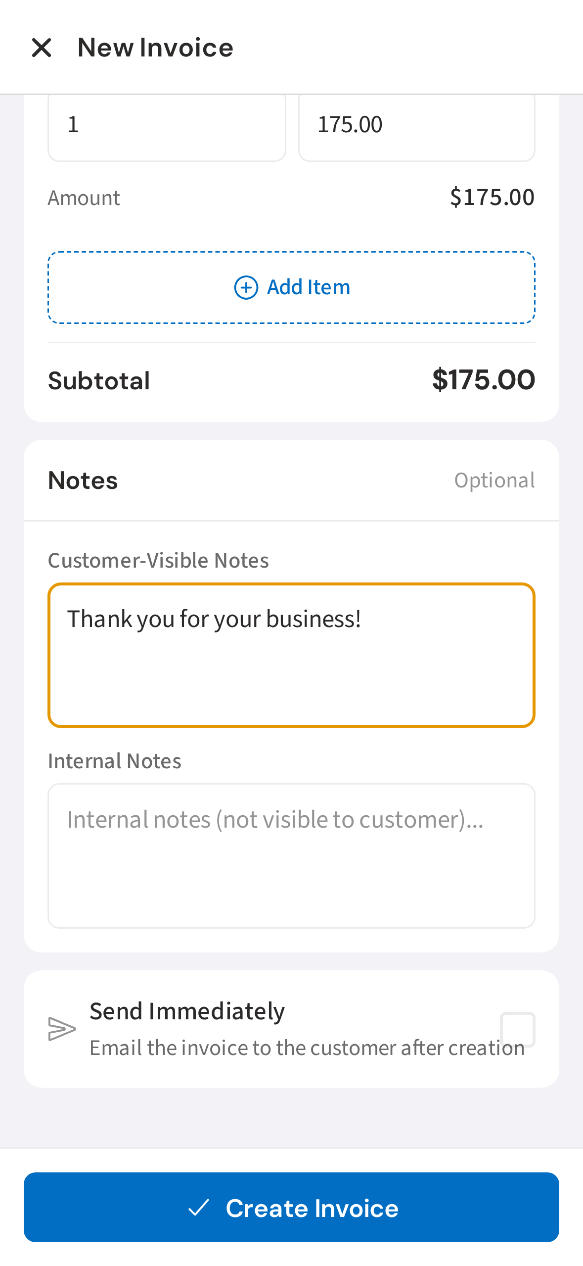 Tap Create Invoice to save and send