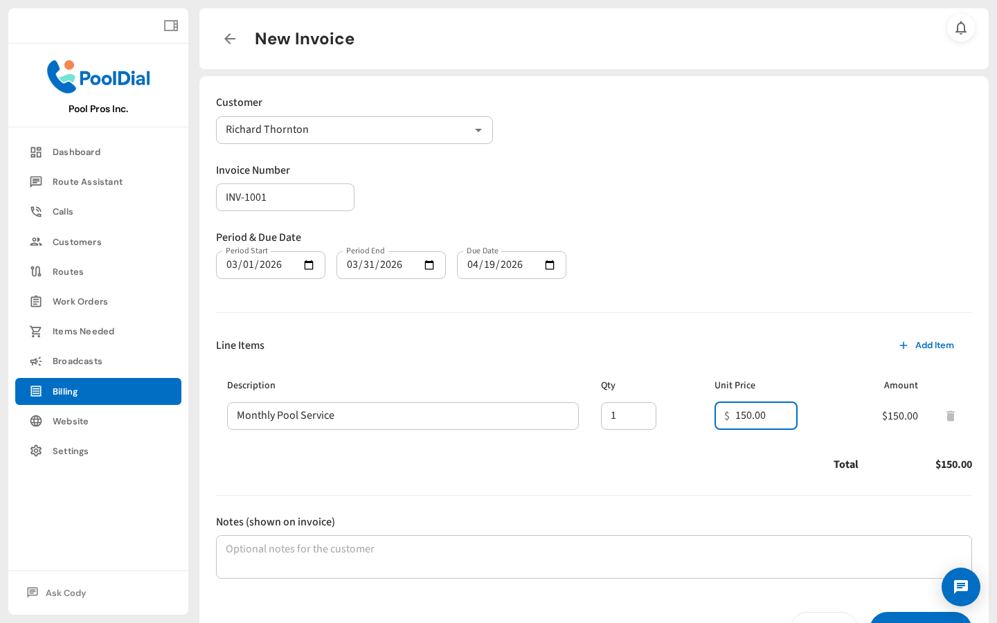 Add line items — description, quantity, and price