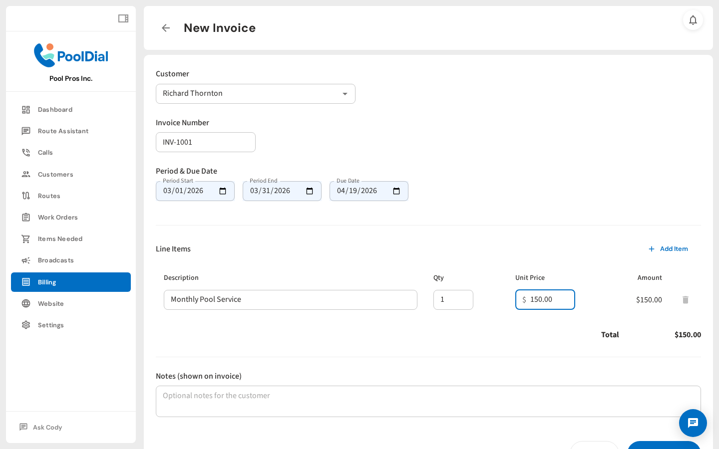Set the service period and due date