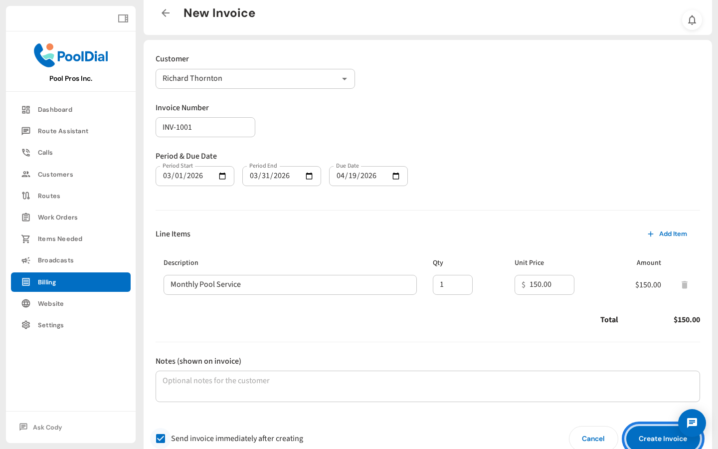 Click Create Invoice to save and send