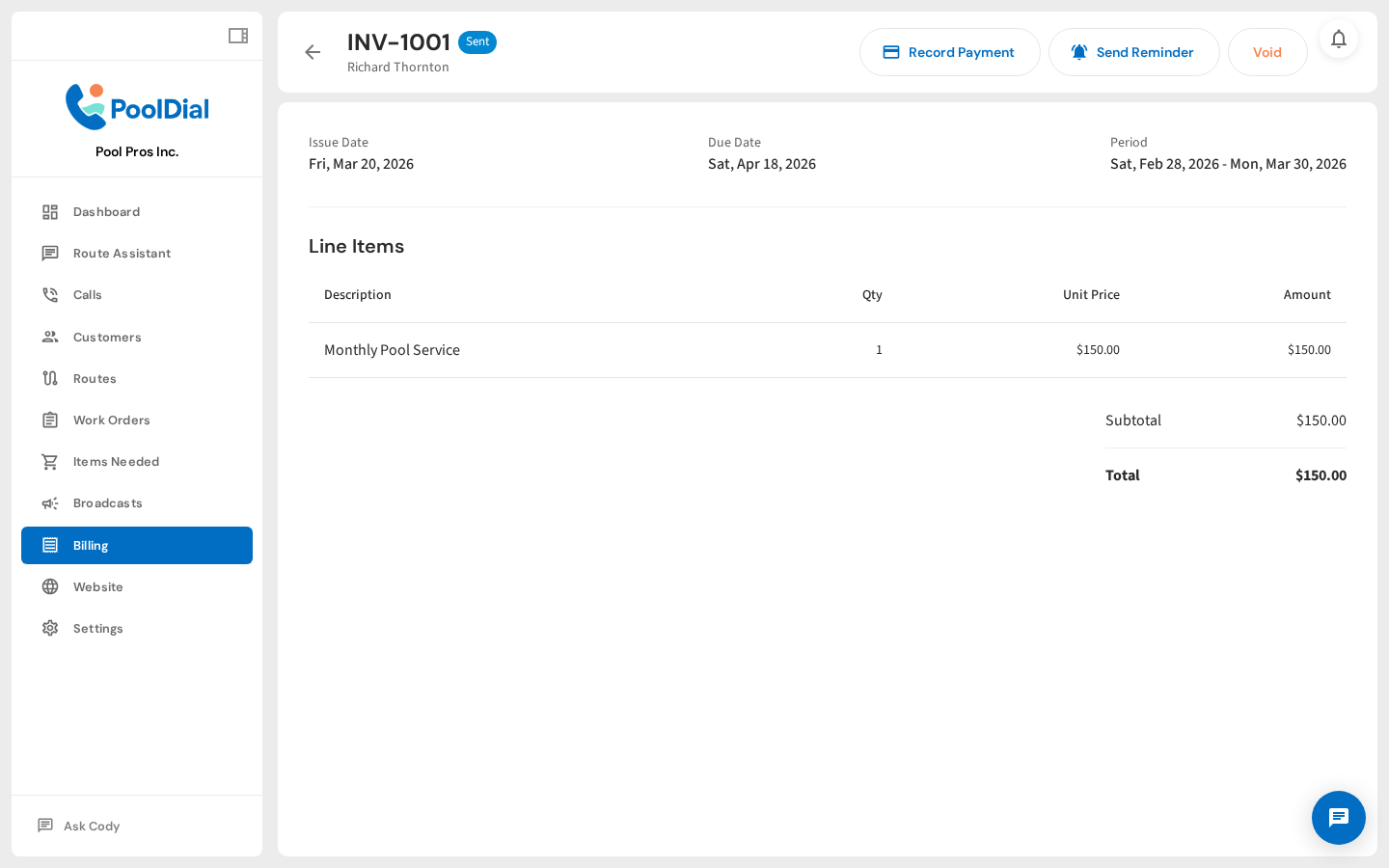 Invoice created — detail page with send and payment options