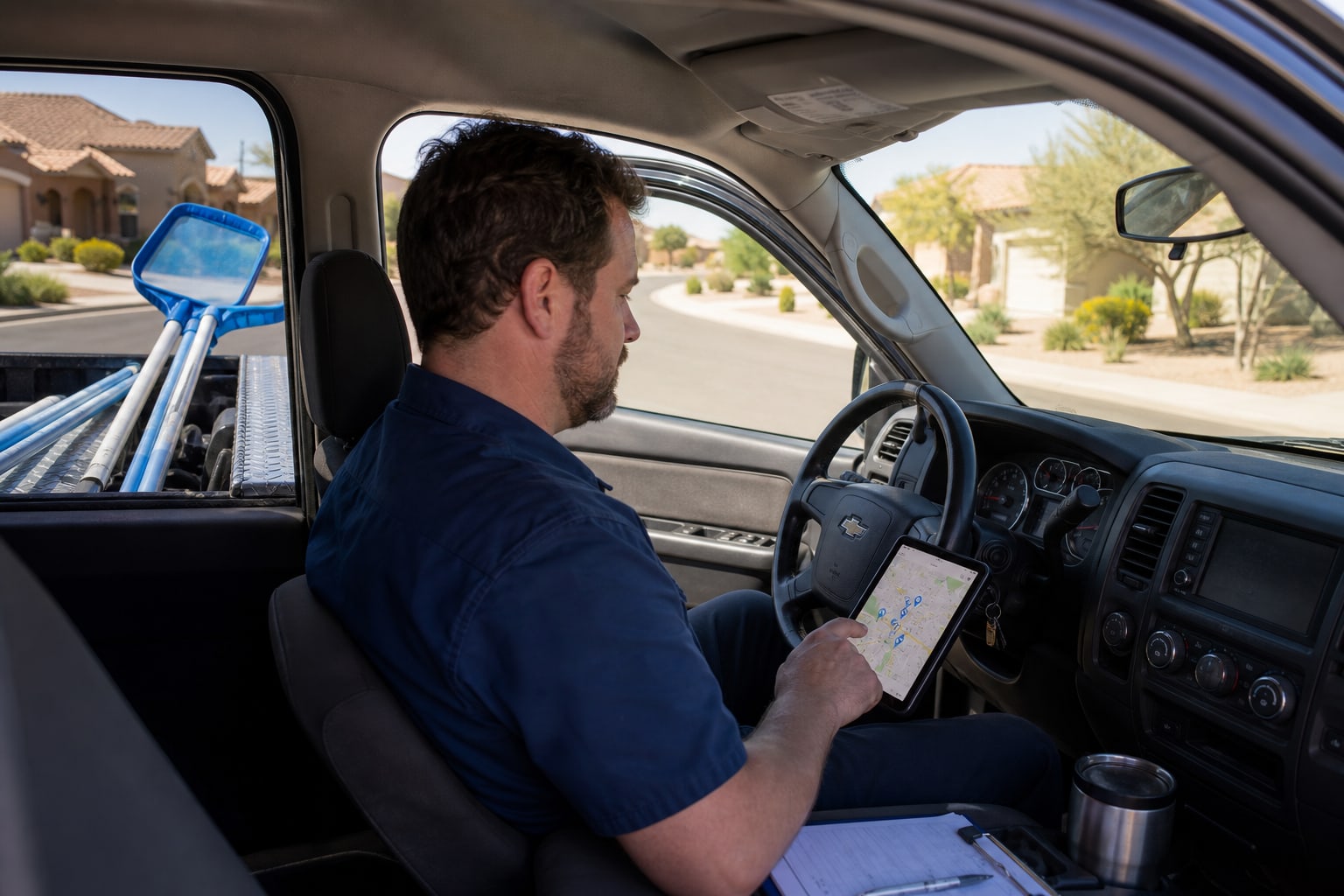 Pool pro checking route map in a parked pickup truck