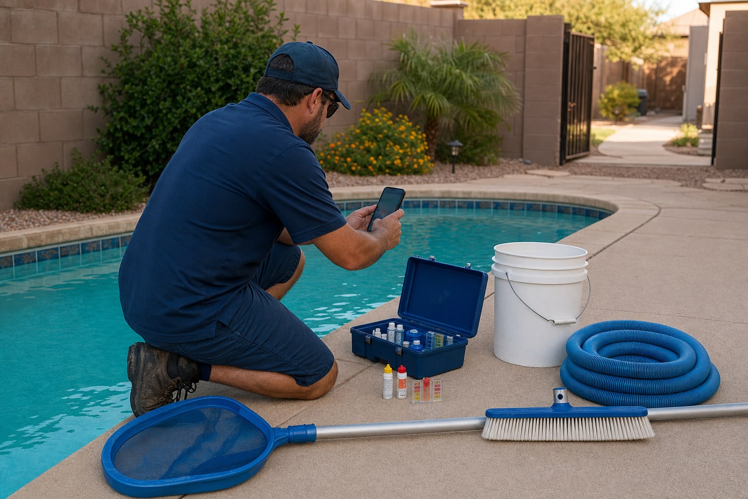 Pool technician documenting a water test with a phone at poolside