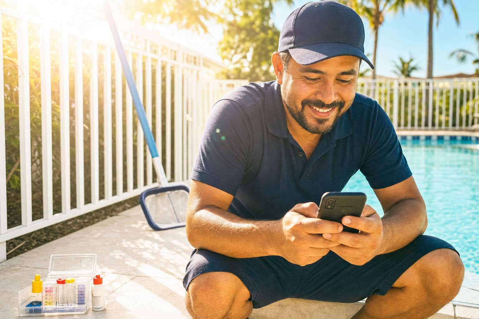 Pool technician using phone at poolside
